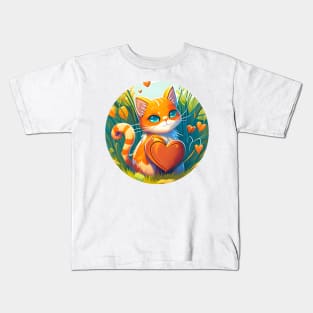 Cat Heart With Bright Eyed Orange Kitty In The Garden - Funny Cats Kids T-Shirt